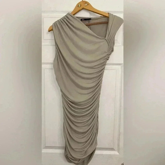 ZARA Tan Draped Bodycon Asymmetrical Dress Size Medium - Picture 1 of 7